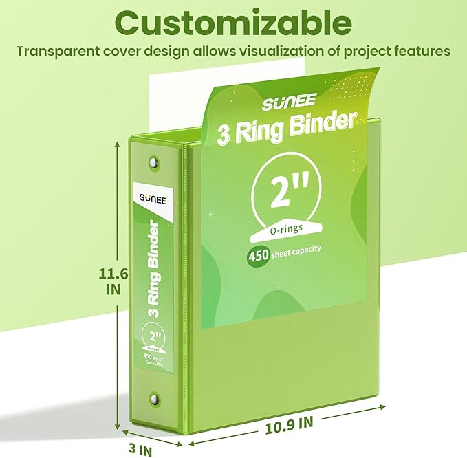 SUNEE 3 Ring Binder 2 Inch 1 Pack, Clear View Binder Three Ring PVC-Free (Fit 8.5x11 Inches) for School or Office Supplies, Tender Green