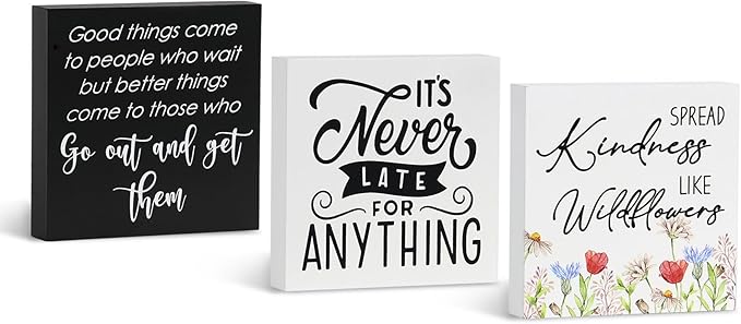 3 Pcs Inspirational Wood Box Sign Set, 5x5 Inches Motivational Quotes Wooden Blocks, Rustic Table Centerpiece Decorations