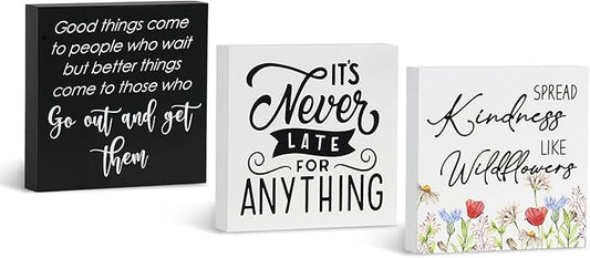 3 Pcs Inspirational Wood Box Sign Set, 5x5 Inches Motivational Quotes Wooden Blocks, Rustic Table Centerpiece Decorations