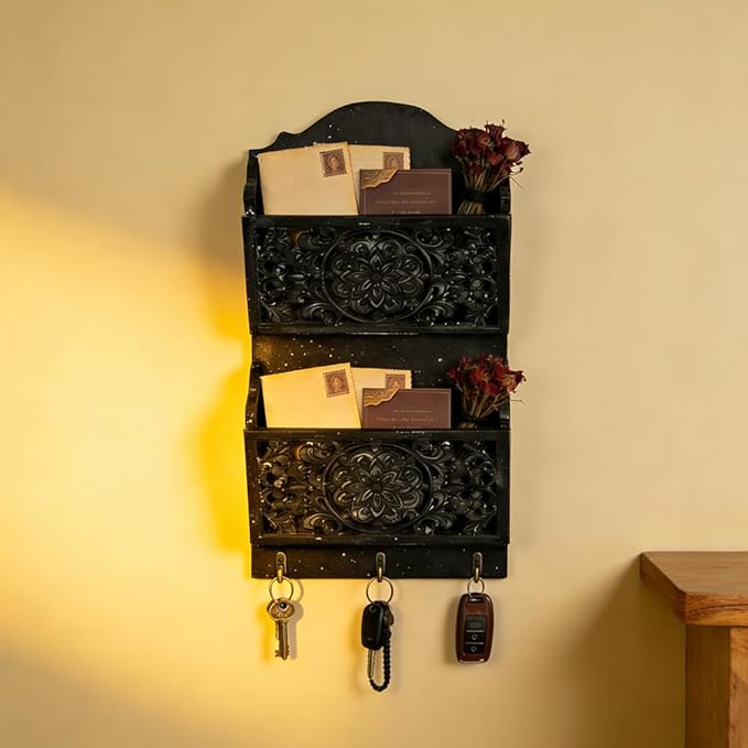 Chadechimo Rustic Key and Mail Holder for Wall Home Decorative,2-Slot Mail Organizer Wall Mount with 3 Hooks, Wooden Key Hangers Wall File Organizer Letter Sorter for Letter Magazines（Black）