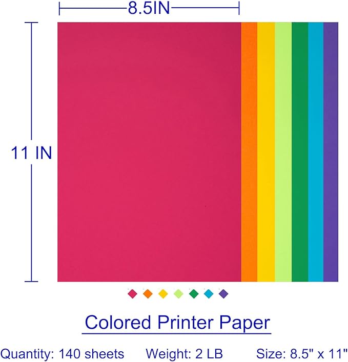 Colored Copy Paper 8.5X11 Inches,140 Sheets 20 lb/80GSM 7 Colors Rainbow Letter Size Printer Multipurpose Paper for Office School Education Daily Printing,Document Copying,Study