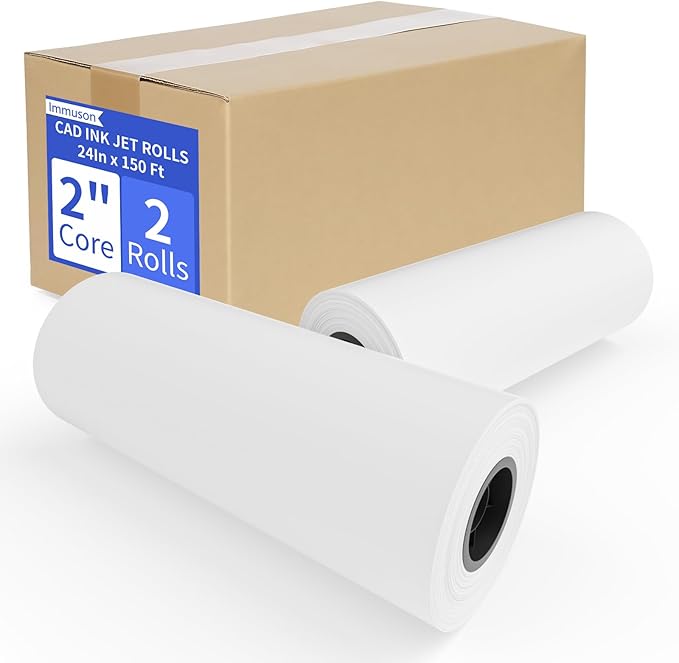 Wide Format Paper 24 In x 150 Ft, 2 Rolls Plotter Paper on 2" Core, CAD Bond Rolls for CAD Printing on Wide Format Ink Jet Printers,Choice for Engineering Plans, Architectural Designs and GIS Maps