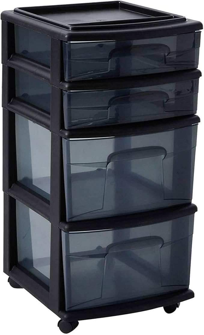 HOMZ 2-Pack Drawer Tower, 4-Tier Clear Plastic Storage Organizer Cart, Black Tint and Frame - Organizing Containers with Wheels for Home, Bathroom, Bedroom, Office, and Classroom