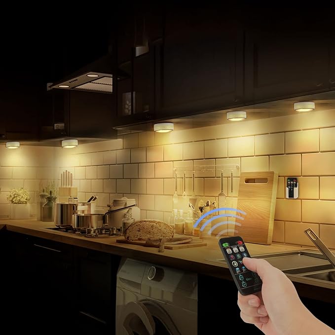 Onumii Puck Lights with Remote Battery Operated ED Under Cabinet Lighting Wireless Stick on Color Changing Timer Tap Lights for Cabinets Shelves Closets Display Case - 2Pack White