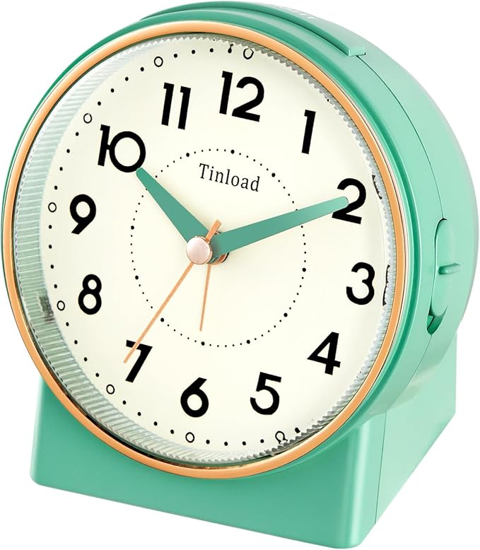 Tinload 4.3" Retro Analog Alarm Clock, Vintage Decor, No Ticking Silent, Easy to Set, Gradual Rise Alarm, On/Off Switch on Side, Gentle Wake, Snooze, Lighted on Demand, Battery Operated, Retro Green