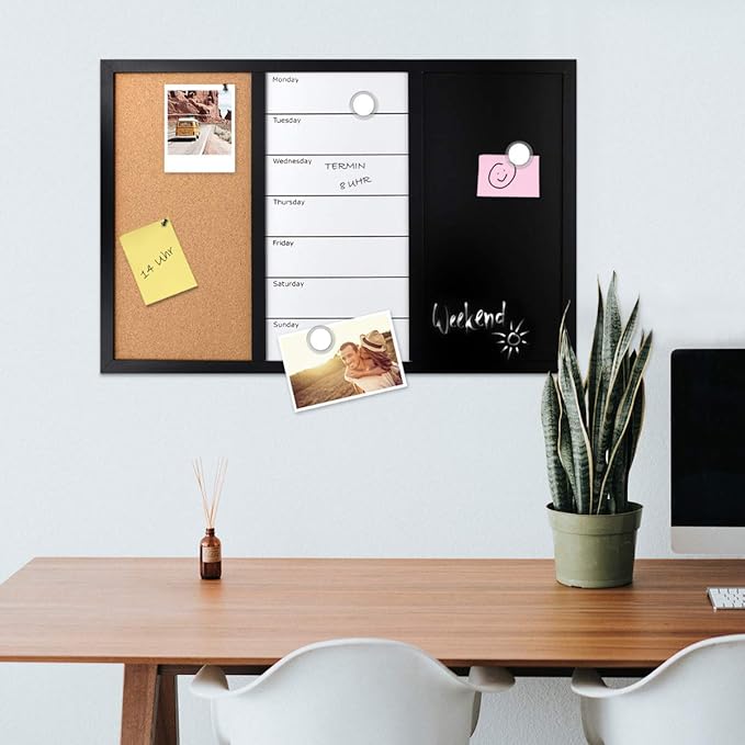 Navaris Combination Board Cork/Whiteboard/Chalkboard - 16 x 24 inches Combo Bulletin Magnetic Dry Erase Chalk Board Weekly Planner Message Organizer
