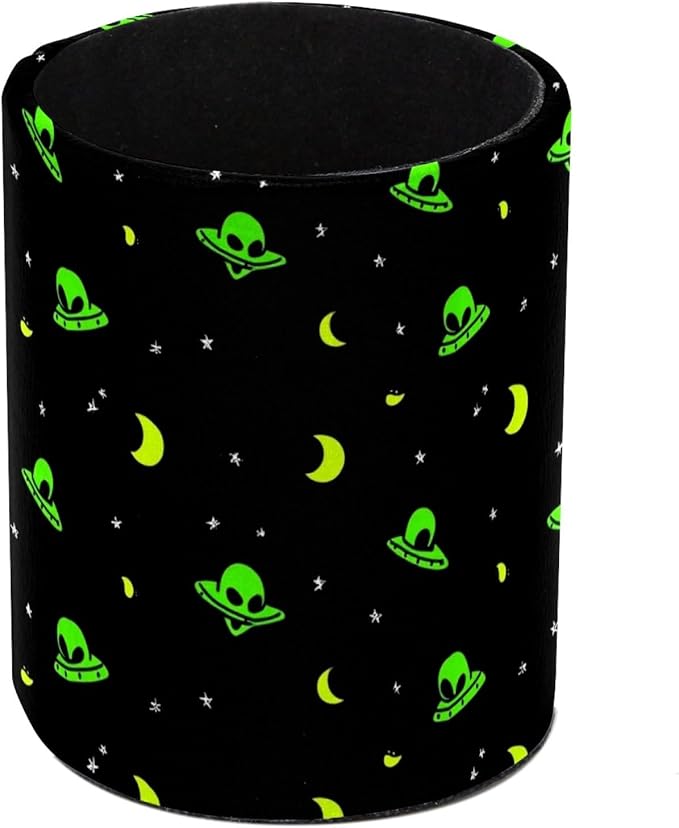 Leather Pen Holder for Desk Green Alien Moon Pencil Cup Desktop Organizer Makeup Brush Holders Office Supplies for Home, Kids & School