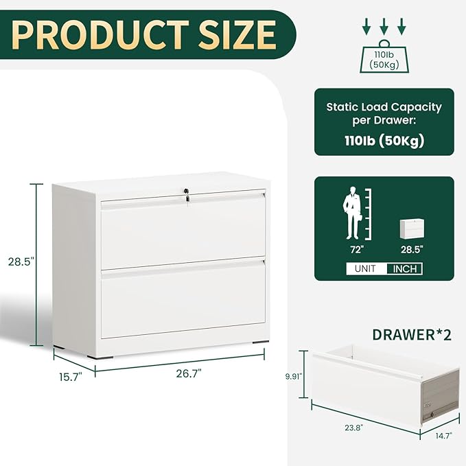 2 Drawer Lateral File Cabinet with Lock, 26.7"W File Cabinets for Home Office, Office Furniture for Organization Hanging Legal/Letter/A4, Metal Filing Cabinet Storage Cabinet, Require Assembly, White