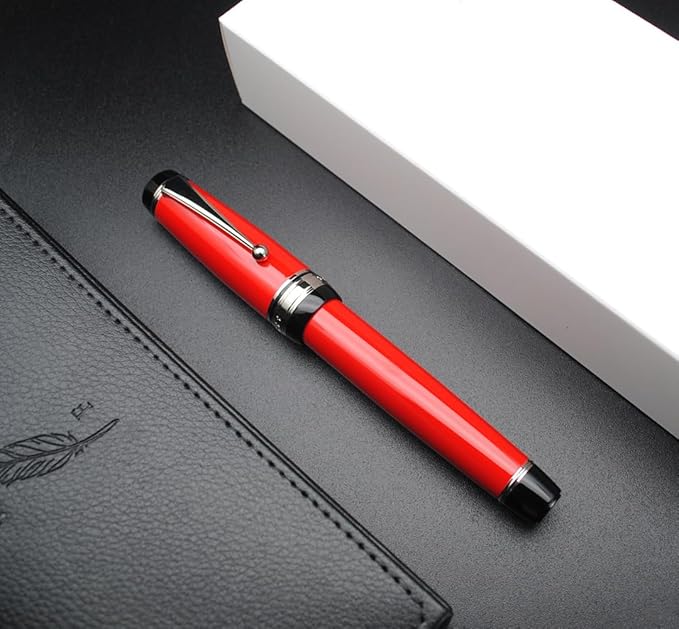 xixixiaozhu Metal Big Fountain Pen Set Medium Nib 0.7mm, Includes Ink Refill Converter, 5 Ink Cartridges & Gift Box (Medium Nib 0.7mm, Red with Silvery Clip)