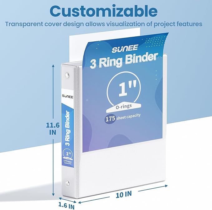 SUNEE 3 Ring Binder 1 Inch 1 Pack, Clear View Binder Three Ring PVC-Free (Fit 8.5x11 Inches) for School or Office Supplies, White