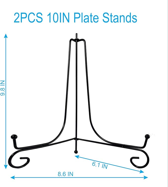 HENABLE 2PCS Premium Black Iron Plate Stands for Display 10 Inch, Decorative Solid Metal Plate Holders for Displaying, Mini Easel, Frame, Book, Card, Plaque, Bowl, Picture Stands for Display