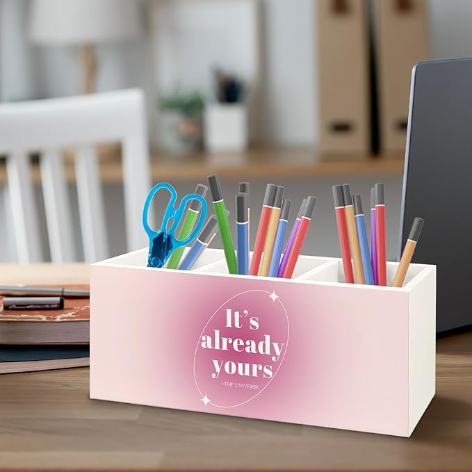 URLLUAE Preppy Pink Aura Inspirational Wooden Pen Pencil Holder for Office Desk Accessories, It's Already Yours the Universe Spiritual Positive Makeup Brush Toothbrush Holder Organizer