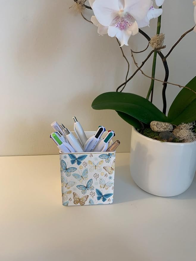 LEAZUL Pen Pencil Holder, Makeup Brush Holder,Ceramic Remote Control Holders Organizer with 2 Compartment Floral Multi-functional Office Organizers Storage Caddy Desk Tv Remote Holders Shiny Butterfly