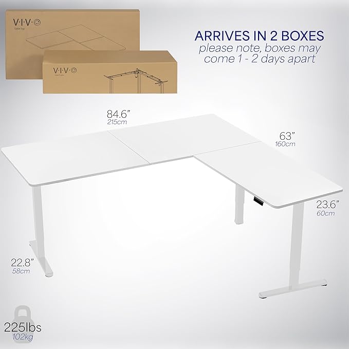 VIVO Electric Corner 84 x 63 inch L-Shaped Standing Desk, Memory Height Adjustment, White Top White Frame, DESK-E3CTWW-84