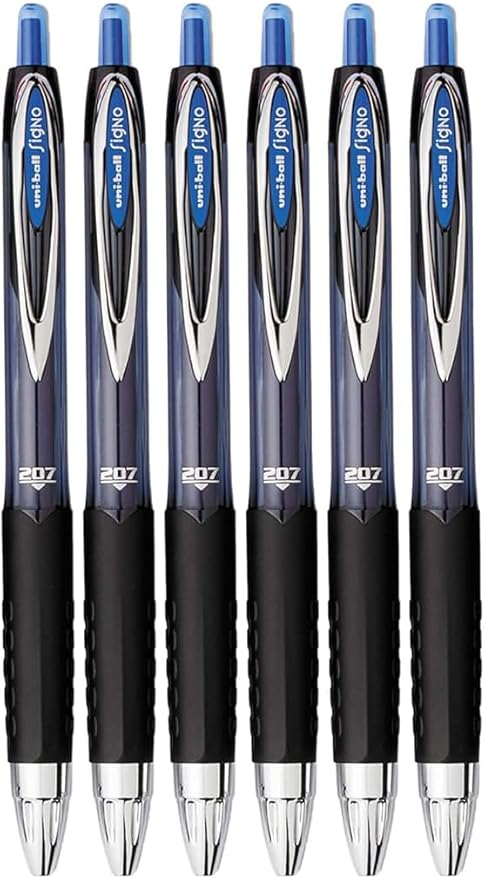 Advantage Gifts Signo 207 Roller Ball Retractable Gel Pens, Medium Point (0.7mm), Blue Ink, 6 Count, Bundle with Plastic Reusable Pouch