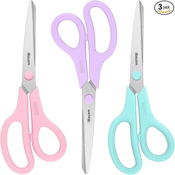 Scissors, iBayam 8" All Purpose Scissors Bulk 3-Pack, Ultra Sharp 2.5mm Thick Blade Shears Comfort-Grip for Aesthetic Fun Cute School Office Teacher Desk Crafts and Art Supplies Accessories Essential