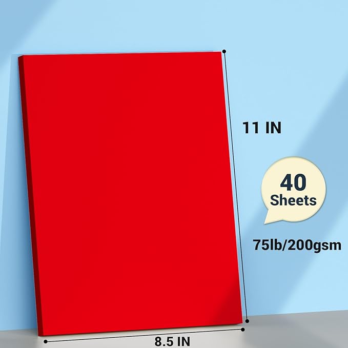 Cardstock 8.5 x 11, Thick Printer Paper 75 lb/200 gsm, 40 Sheets Card Stock Red, Christmas Card Stock, Art CardStock Paper for Invitations, Diy Cards, Business Cards, Menus, Crafts, Drawing etc
