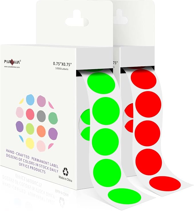 PARLAIM 2 Rolls 2000PCS 3/4" Round Circle Color-Code Dot Stickers,2 Color Style Colorful Coding Label Sticker for Home Office Classroom(Fluorescent Green+Red)
