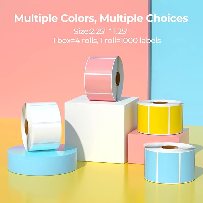 MUNBYN 2.25"x1.25" Thermal Sticker Labels, Color Self-Adhesive Barcode Label for Direct Thermal Printer and Business, Rectangle Address Shipping Mailing Sticker, 4000 Sheets-White, Blue, Pink, Yellow