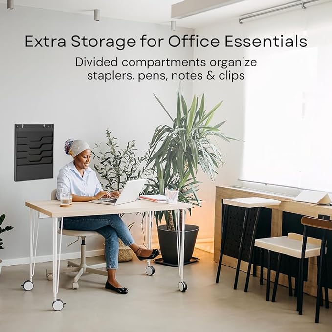MAXXBUILD 4 Tier Wall Mounted File Organizer, Metal Task Rack for Office Documents, Mail & Folders, Space-Saving Office Wall Organizer, Black 19.5”H