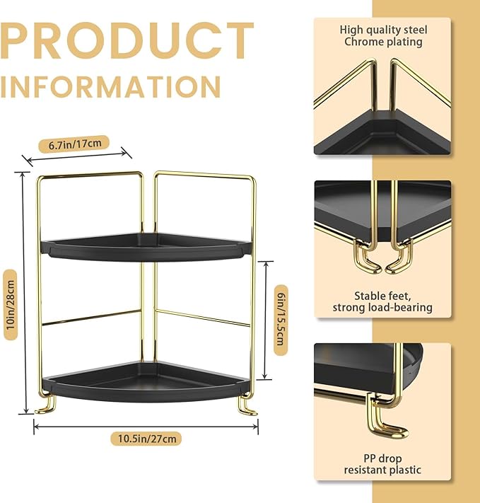 JANUS LiANG 2-Tier Spice Rack Corner Storage Shelf Makeup Organizer Stackable Cosmetic Holder Standing Counter Shelf for Bathroom, Kitchen, Countertop, and Vanity (Gold + Black)