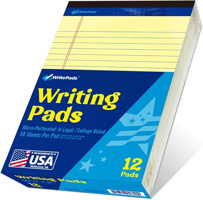 WritePads Legal note pads 5"x8" Legal Pads,College Ruled,Canary Paper,12 Pack,50 Sheets Per Writing Pad,Micro perforated Writing Pad,BL-SCY50C-12PAD