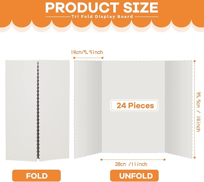 Ctosree 24 Pcs 14 * 22 Inch Tri Fold Poster Board Bulk, Science Fair Project Display Paperboard, Single Wall, Lightweight Presentation Board (White)