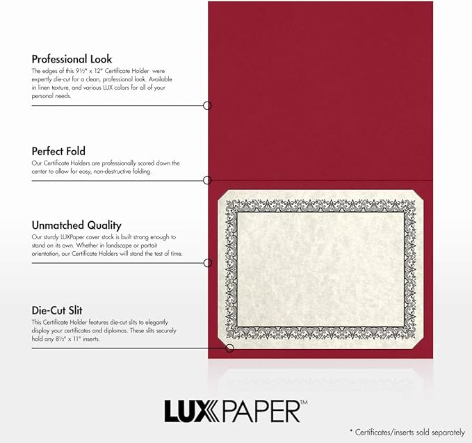 LUXPaper 9.5" x 12" Certificate Holders | Burgundy Linen | 100lb. Cover | 100 Qty