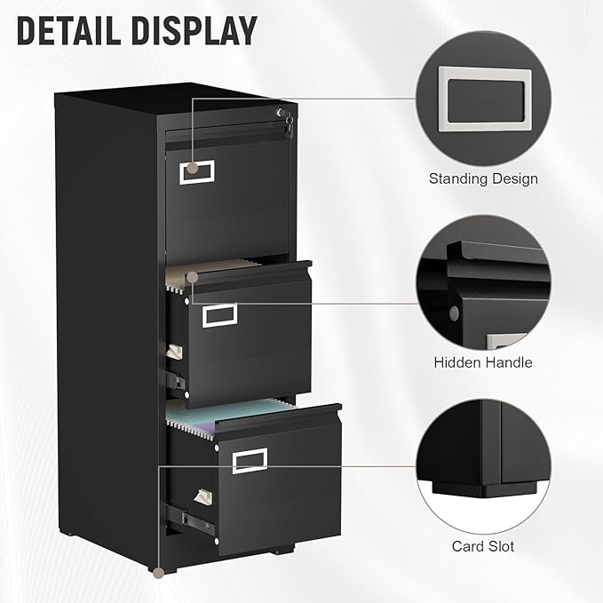 Lockable Vertical Metal File Cabinet 3 Drawer, Steel Filing Cabinet for Home Office Organization, High Capacity Storage for Letter/Legal/A4 Size, Black Office Cabinet, 17.7" D x 14.6" W x 40.9" H