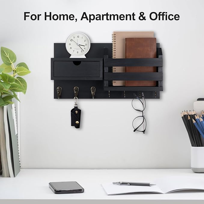 Lwenki Wall Mount Key Holder with Mail Organizer, 100% Paulownia Wood, 7 Metal Hooks, Storage Drawer, Entryway Home Decor (Black)