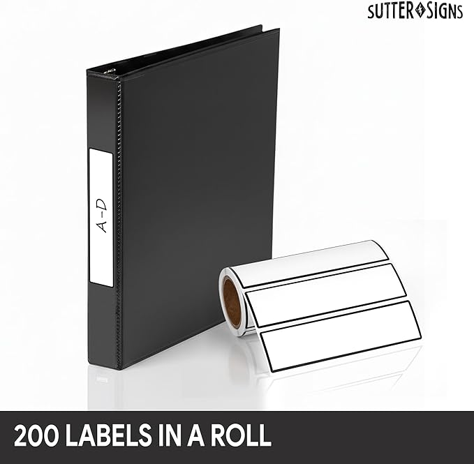 Binder Spine Labels, Perforated Self Adhesive Sticker Labels for 1 Inch Binders, 5 3/8" x 1", 200pcs, White with Black Border