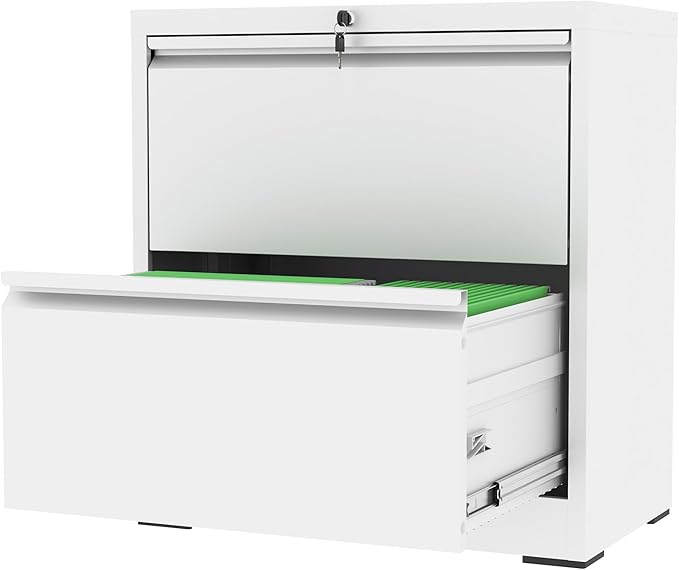 FLIXELIO 2 Drawer File Cabinet with Lock, White Metal Lateral Filing Cabinets for Home Office, Heavy Duty Steel Horizontal Locking Storage Cabinet for Legal/Letter/A4 Size File, Assembly Required