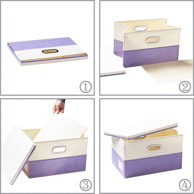 PRANDOM Collapsible Storage Bin with Lid [3-Pack] Fabric Foldable Storage Box Organizer Container Basket Cube with Cover for Home Bedroom Closet Office Nursery Purple&Cream(14.9x9.8x9.8)