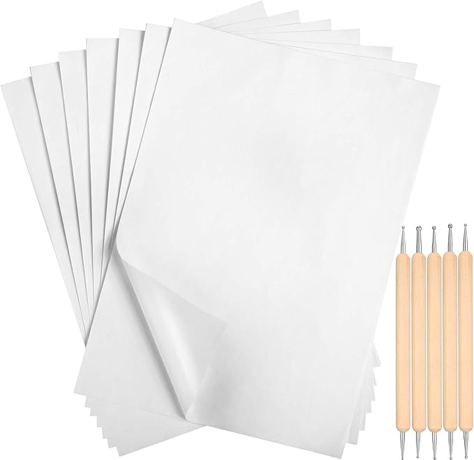 Outus 100 Sheets White Carbon Graphite Transfer Paper 11.7 x 8.3 Inch Tracing Carbon Copy Graphite Paper with 5 Embossing Stylus Tracing Stylus Dotting Tools for Cloth Fabric Wood