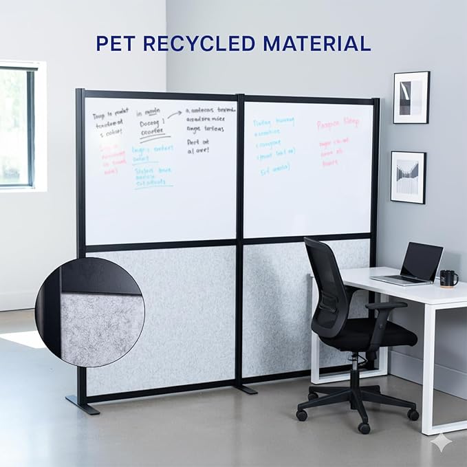 VIVO Modular Wall System, 2 PET and Whiteboard Panels, Professional Office Cubicle Dividers, Freestanding Privacy-Screen, 66 inches High, White and Light Gray, Black Frame, PP-MWS63B-WB