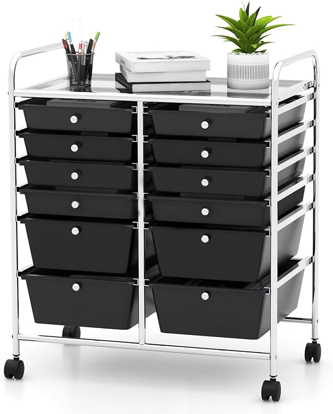 HAPPYGRILL Happygrill 12-Drawer Rolling Storage Cart, Multipurpose Organizer Cart for Home Office School, Utility Cart with Wheels, (Black)