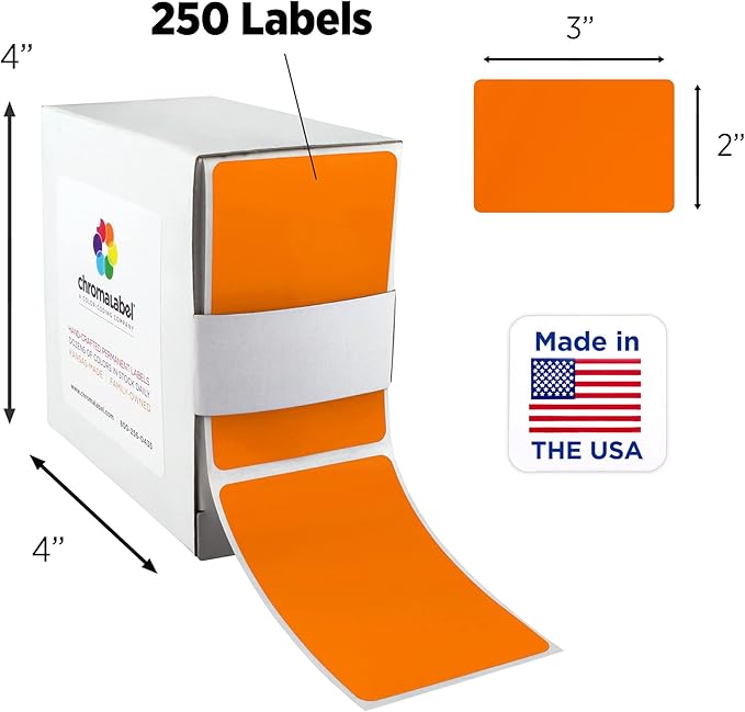 ChromaLabel 2 x 3 inch Permanent Color Code Rectangle Labels, 250 Labels per Dispenser Box, Orange