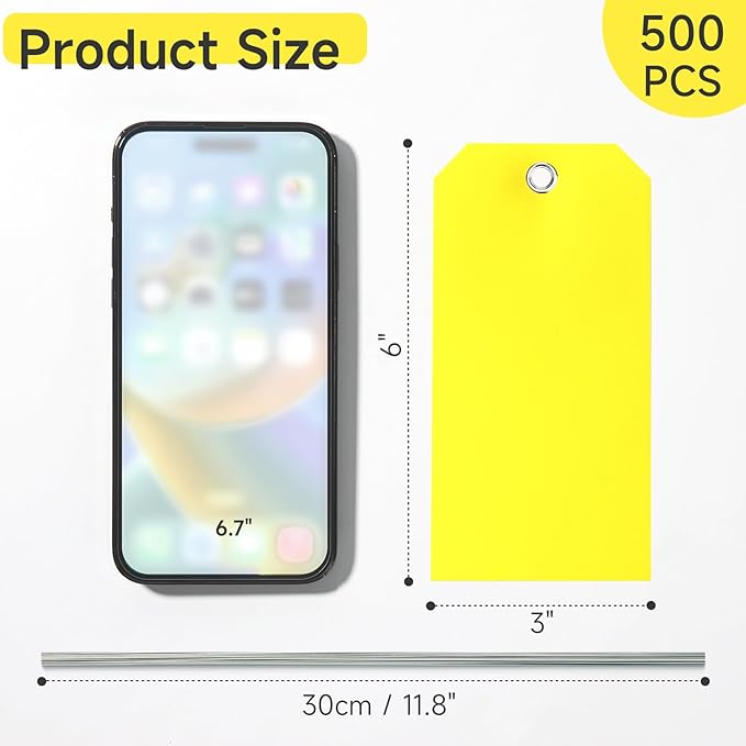 500 Pieces Plastic Shipping Tags with Wire Waterproof Hang Tags Heavy Duty Labeling Tags with String Wires Tags Labels Labeling Tags Stacking Tags for Equipment Car Parts (Yellow, 3x6)