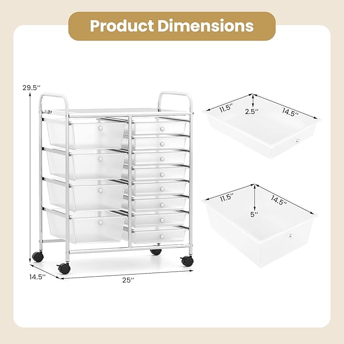 LDAILY 12 Drawer Rolling Storage Cart, Rolling Cart with Drawers for Classroom, Art Supply Craft Organizer on Wheel with Metal Frame & Handles for Home Office School (Clear, 12 Drawer Left-Right)
