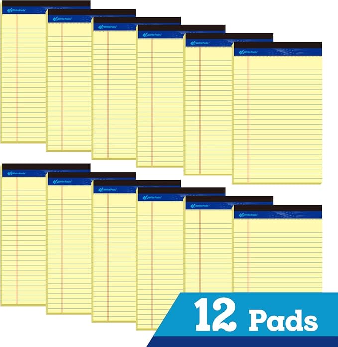 WritePads Legal note pads 5"x8" Legal Pads,College Ruled,Canary Paper,12 Pack,50 Sheets Per Writing Pad,Micro perforated Writing Pad,BL-SCY50C-12PAD