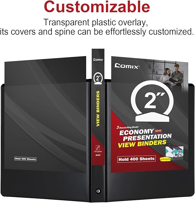 COMIX Sturdy 3 Ring Binder 2 inch with Clear View Cover, 2" Round Ring View Binder, PVC-Free, 2.4mm-Thick, 450 Sheets Capacity of US Letter Size Paper, Office ＆ School Supplies, Pack of 6 (Black)