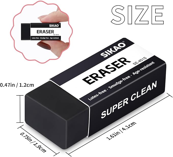 Black Erasers, 6 Pack Block Pencil Erasers – Smudge-Free Latex-Free Art Erasers for Kids & Adults Artists, Clean Erase for School, Homework, Office & Drawing