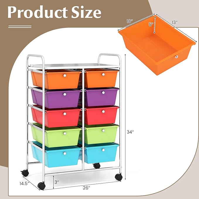 GOFLAME 10-Drawer Rolling Storage Cart, Art Craft Storage Organizer on Wheels, Multipurpose Movable Utility Cart for School, Office and Home, Multicolor
