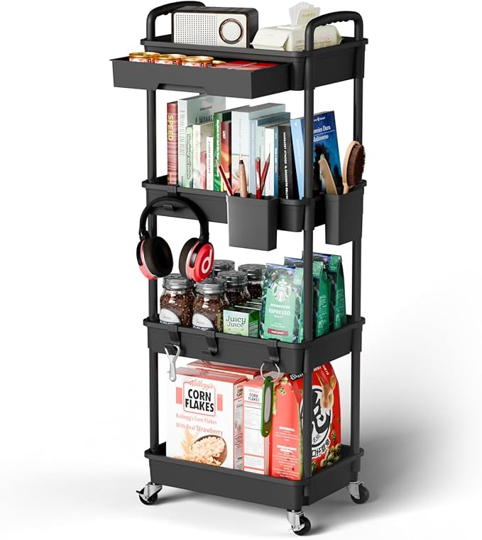 Sorgion 4 Tier Rolling Cart Organizer,Art Craft Diaper Bedside Snack Laundry Room Bathroom Organizer Narrow Thin Slim Rolling Trolley Utility Cart with Wheels for Kitchen,Office(Black)