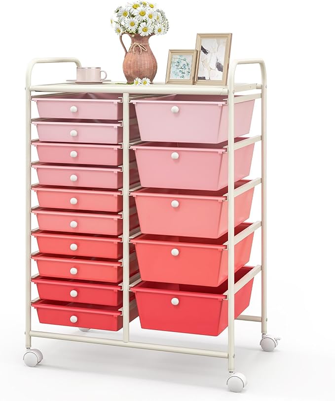 GLACER 15 Drawers Rolling Cart, Storage Cart with w/Removable Drawers & Steel Frame, Multipurpose Organizer Cart w/Sleek Handle, Utility Cart on Lockable Wheels for Home, School, Office (Pink)