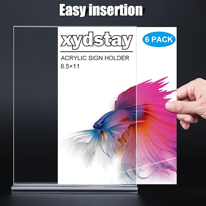 xydstay 6pack Acrylic Sign Holder 8.5 X 11, Vertical T Shape Clear Plastic Menu Holder, Unbreakable Table Sign for Restaurant, Office, School, Store and Home Use