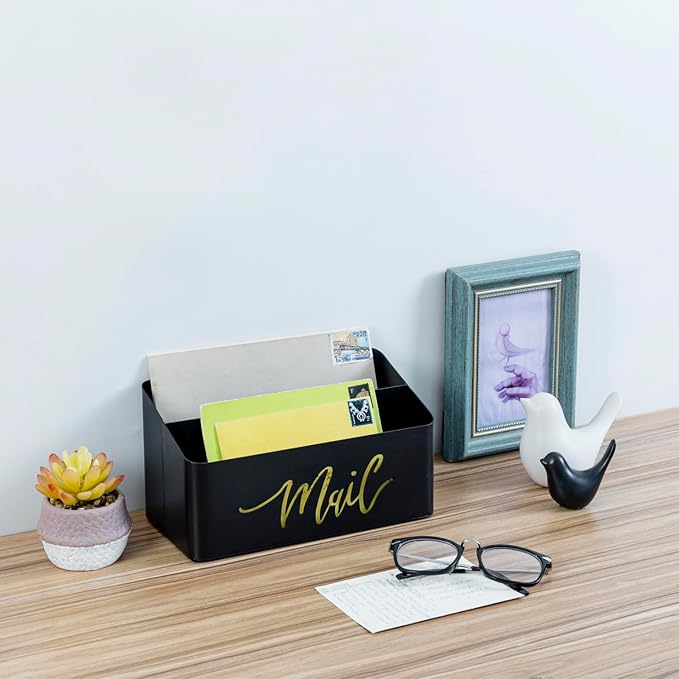 MyGift 2 Slot Modern Matte Black Metal Desktop Mail Sorter with Cutout Script Lettering, Office Desk or Home Entryway Table Incoming Outgoing Letter Holder
