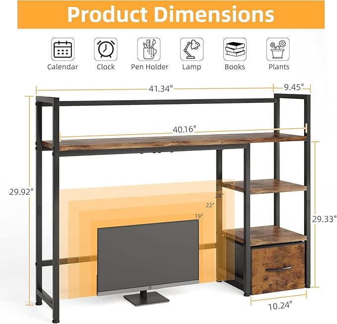 Desk Shelf with Drawer, 41.3" Desktop Organizer Shelf, Desk Hutch for Computer Monitor Max 32", 3 Tier Desktop Display Rack, Wooden Desk Top Bookshelf Storage Rack for Home Office Dorm, Rustic Brown