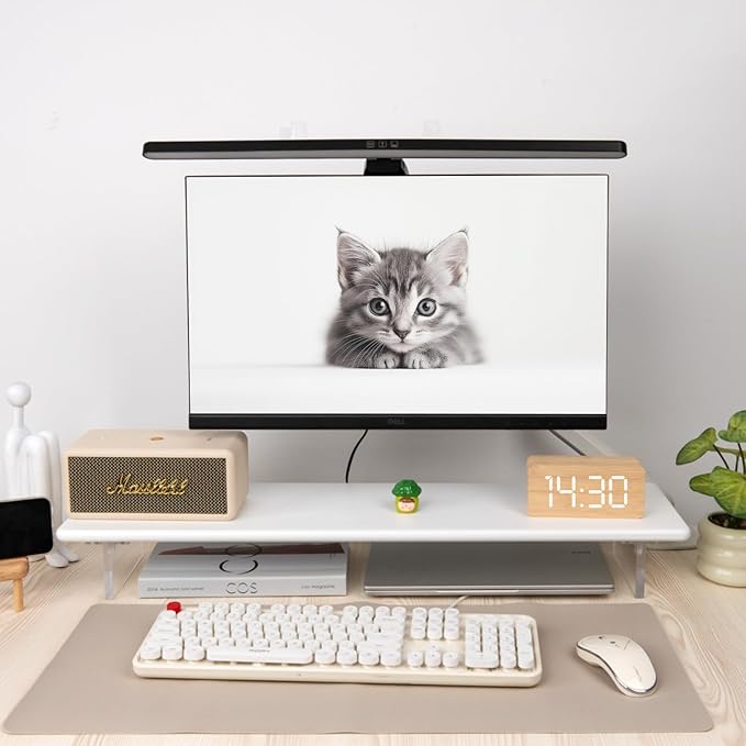 ROCDEER Bamboo Monitor Stand Riser with Acrylic Legs for Desk, 31.5 Inches Desktop Shelf Supports for PC Computer Monitor, Laptops, Printer, Speakers (White)