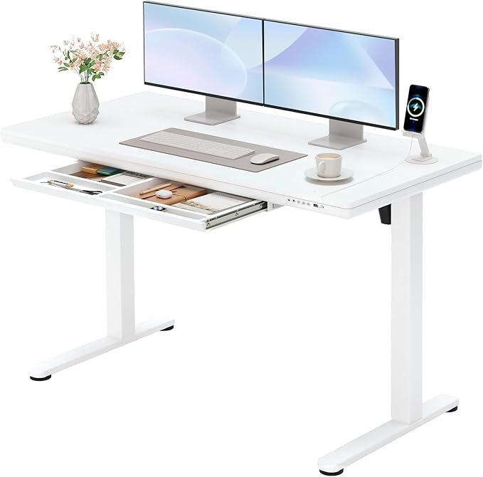 Furmax Adjustable Height Electric Standing Desk with Drawers, 48 Inch Sit Stand Desk with One-Piece Thickened Desktop & USB Charging Port for Home Office Computer Desks (White Desktop, 48 Inch)